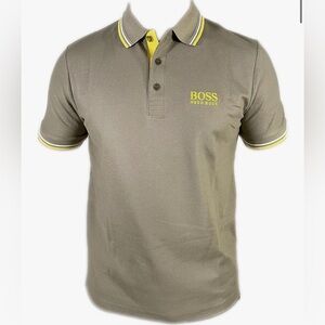 Hugo Boss Men's Olive Army Green Half Sleeve Polo with Yellow Accents (Size XL)